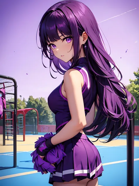 1women, as a cheerleader, wearing cheerleader outfit, at a playground, dark purple color medium length hair, purple colour eyes,...