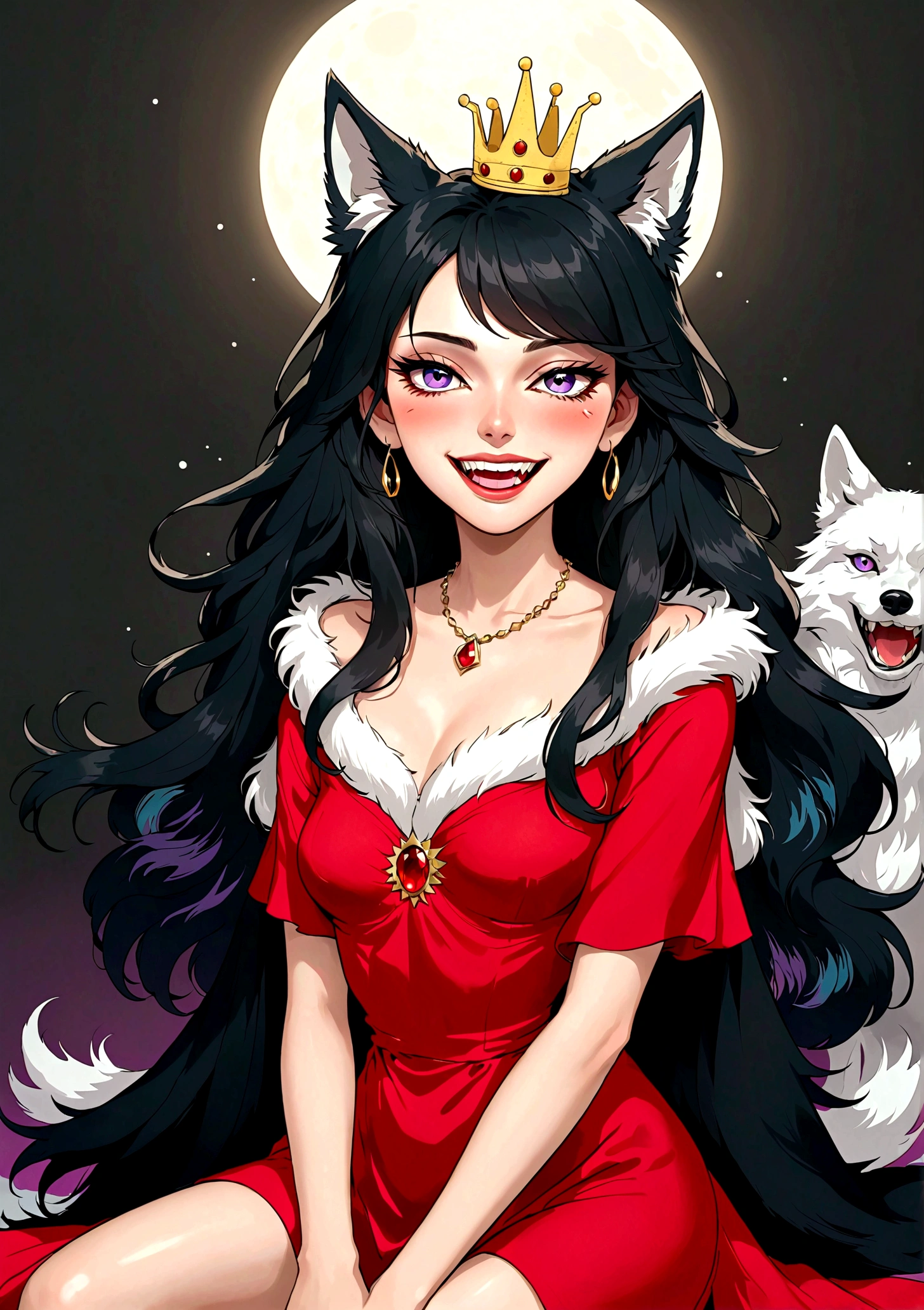 A beautiful illustration：Beautiful girl sitting elegantly，(((She has a beauty spot:1.37)))，Purple Eyes，Delicate lashes，laughing out loud，Fangs，Smooth skin，Long black hair，Wolf ears， Small Crown，Red dress with fluffy fur collar，Long legs，Fierce gray wolf background。Correct human anatomy