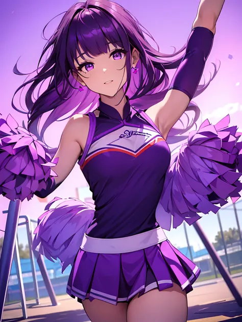 1women, as a cheerleader, wearing colourful cheerleader outfit, cheerleading at a playground, dark purple color medium length ha...