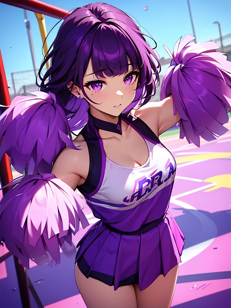 1women, as a cheerleader, wearing colourful cheerleader outfit, cheerleading at a playground, dark purple color medium length hair, purple colour eyes, 8k, high detailed, high quality
