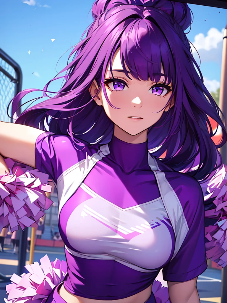 1women, as a cheerleader, wearing colourful cheerleader outfit, cheerleading at a playground, dark purple color medium length hair, purple colour eyes, 8k, high detailed, high quality
