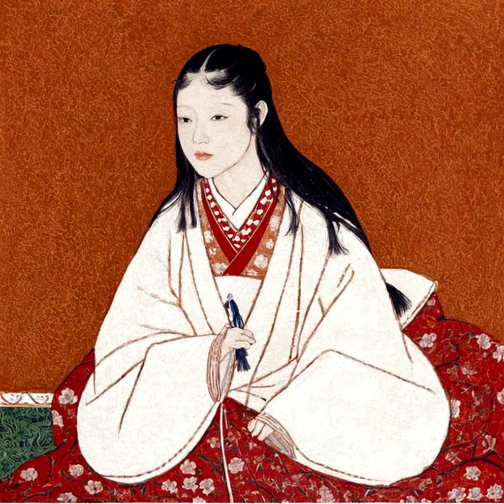 A painting of a woman sitting on a bed with a red blanket, by Kazumasa Miyagawa, by Shigenobu Yanagawa, by Takanobu Kano, by Kan...