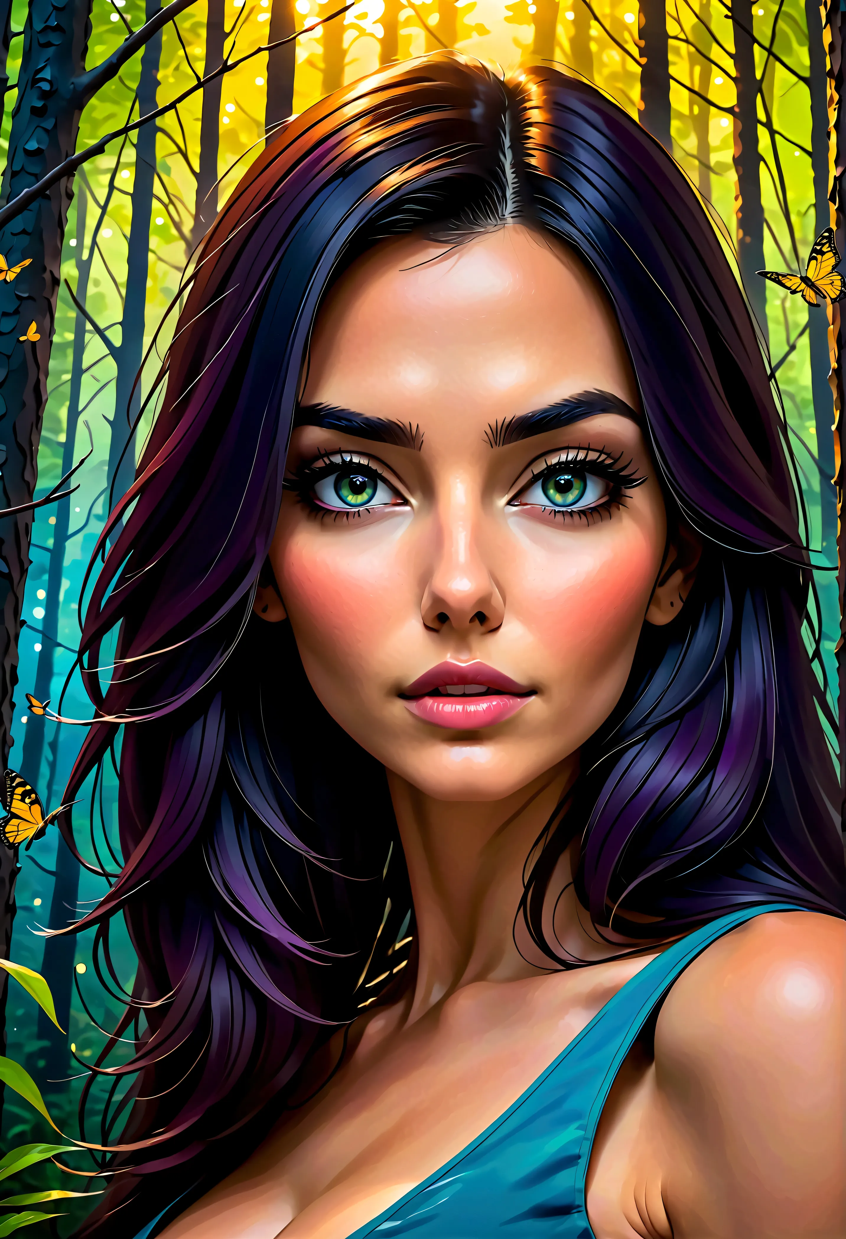 A captivating abstract portrait of a woman's face that artfully blends her features with a nighttime forest landscape filled wit...