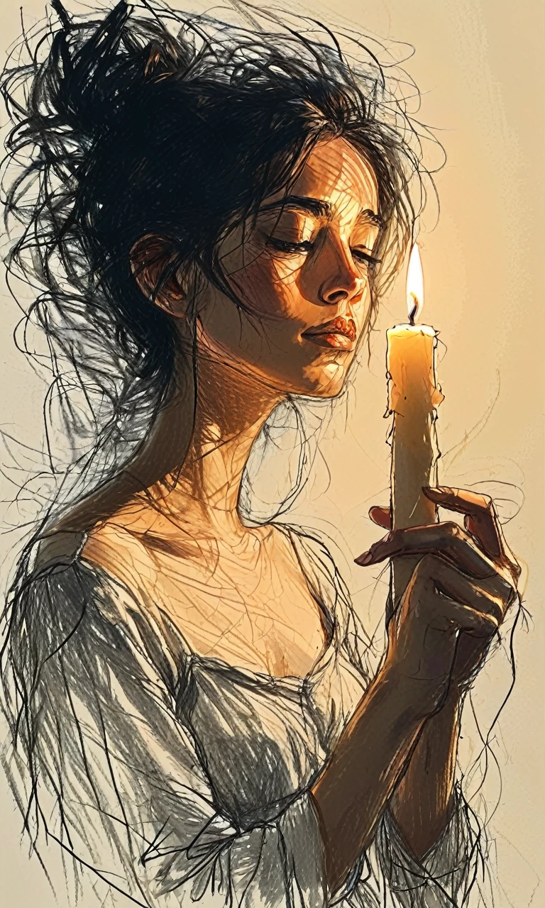 Create a digital artwork of a young woman holding a candle. The candle emits a warm, glowing light that illuminates her face and casts intricate shadows on her skin and surroundings. Her hair is loosely tied up, and she has a serene, contemplative expression. The light from the candle should create a soft, ethereal glow, emphasizing the delicate features of her face. Use a minimalist and sketch-like style with fine lines and subtle shading, capturing the contrast between light and shadow. Incorporate warm tones to enhance the intimate and tranquil atmosphere of the scene.