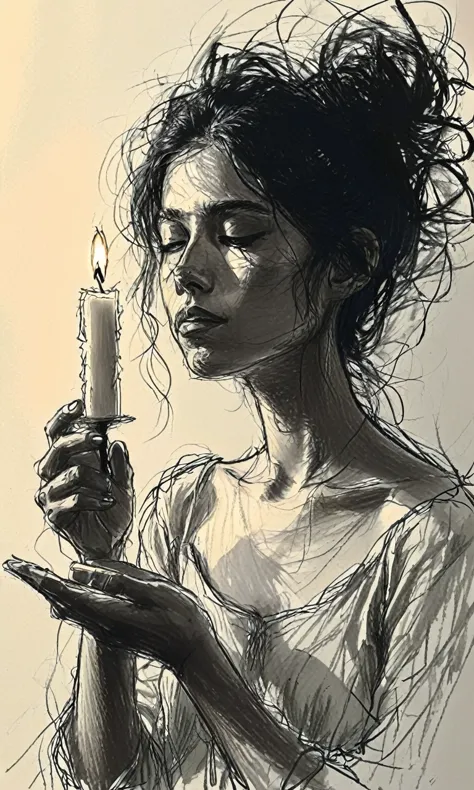 create a digital artwork of a young woman holding a candle. the candle emits a warm, glowing light that illuminates her face and...