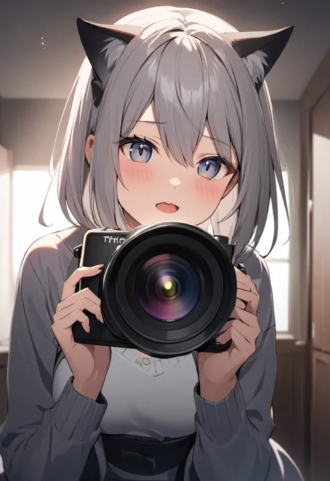 One girl, That will happen, View Viewer, Gray Hair, there is nothing, Cat ear, Cat&#39;s Tail, White shirt, Open clothes, Russia...