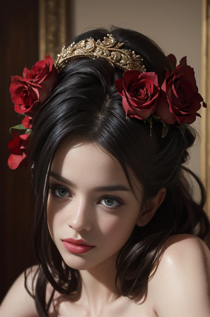 a girl with beautiful red roses, beautiful detailed eyes, beautiful detailed lips, extremely detailed face, longeyelashes, petite and graceful, elegant pose, cinematic lighting, dramatic shadows, rich colors, vibrant, ethereal, romantic, intricate details, photorealistic, (best quality,4k,8k,highres,masterpiece:1.2),ultra-detailed,(realistic,photorealistic,photo-realistic:1.37)