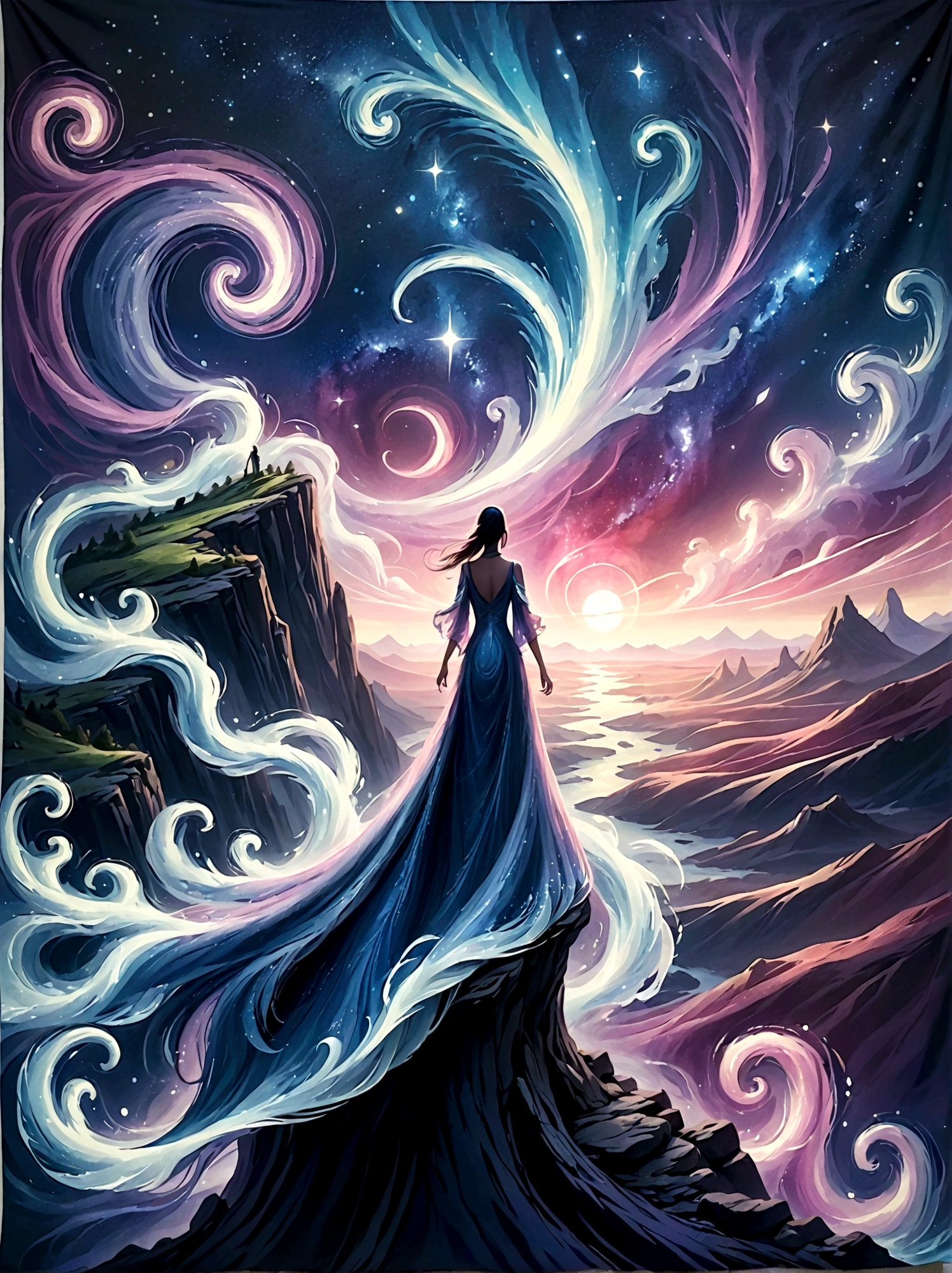 Look from the back，A man standing on a cliff，In a dreamy, hazy landscape，With your back to the audience，Surrounded by a vortex of cosmic energy，The back of a person wrapped in a flowing robe，Blending with the celestial currents，The sky is a tapestry of deep purples and blues，Dotted with stars，The scenery below vaguely shows the rolling mountains，This scene is peaceful and sublime，Capturing the majestic nature of the universe，A pensive figure stands in awe