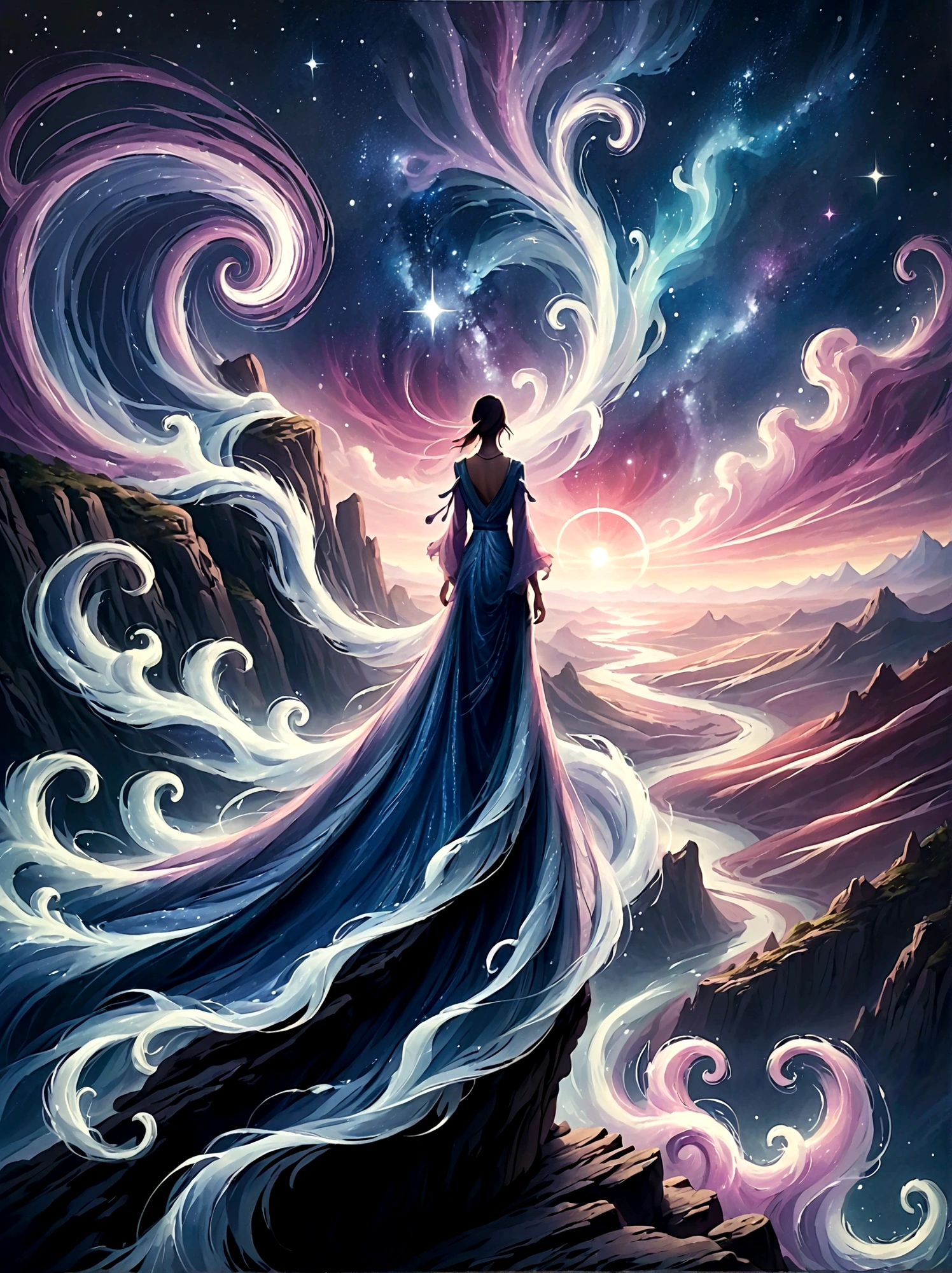 Look from the back，A man standing on a cliff，In a dreamy, hazy landscape，With your back to the audience，Surrounded by a vortex of cosmic energy，The back of a person wrapped in a flowing robe，Blending with the celestial currents，The sky is a tapestry of deep purples and blues，Dotted with stars，The scenery below vaguely shows the rolling mountains，This scene is peaceful and sublime，Capturing the majestic nature of the universe，A pensive figure stands in awe