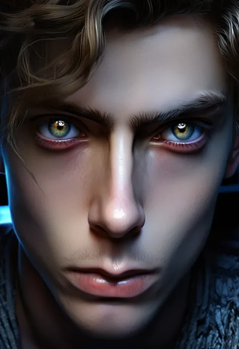 a young man with wide, intense eyes, sitting in front of a computer, detailed face, highly detailed, cinematic lighting, dramati...