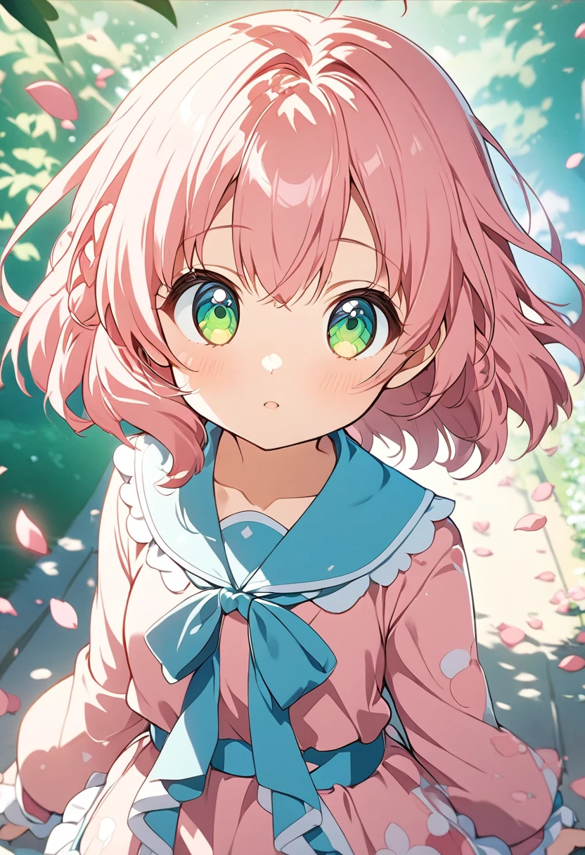 Anime girl with pink hair and green eyes posing for a photo, haruno sakura, Best Anime 4K Konachan Wallpaper, Enchanting anime girl, marin kitagawa fanart, sakura petals around her, Splash Art Anime Loli, Anime Style 4k, Anime Moe Art Style, High quality anime art style, Detailed anime artwork, Anime Wallpaper, Anime Best Girl