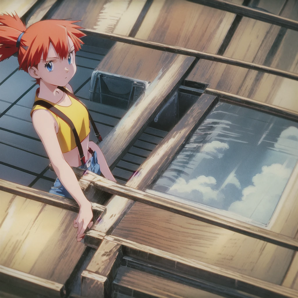 best quality,masterpiece,pokemovies, 1girl, solo,misty \(pokemon\), orange hair, short hair, high ponytail, blue eyes, suspenders, yellow crop top, sleeveless, denim shorts, cowboy shot 