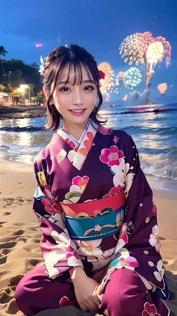 (highest quality、Tabletop、8k、Best image quality、Award-winning works)、One beautiful woman、(beautiful kimono:1.25)、(sitting with spreading legs on the beach at night,outdoor:1.35)、(fireworks all over the sky,star mine
:1.45)、(No makeup:1.1)、(Wet shiny short hair:1.1)、(Wet, Dense short hair:1.1)、(Ultra-fine moisturized, Shiny skin:1.1)、(Ultra-fine, Lustrous and moisturized skin:1.1)、(Upper body photo,half body shot:1.25)、Brightly lit face、Very bright、Ultra-high definition beauty face、Ultra high resolution perfect beautiful teeth、Ultra HD Hair、(Ultra-high definition wet and shiny skin:1.1)、Super high quality glossy lip、(Accurate anatomy:1.1)、Big Breasts、Cleavage、slender waist,Accentuate your body lines、look at me、(short:1.1)、(Droopy eyes, Natural Makeup、Ultra-high definition beauty face:1.25)、(Ultra high resolution perfect beautiful teeth, Mid-chest, Tight waist, smile:1.15)、Ultra HD Shining Eyes、Super high quaHigh resolution 16K human skin closeup。 The skin texture is natural、,Pores、It must be detailed enough to be easily identifiable.。 Skin should look healthy and have an even tone。 Use natural light and color,lity glossy lip