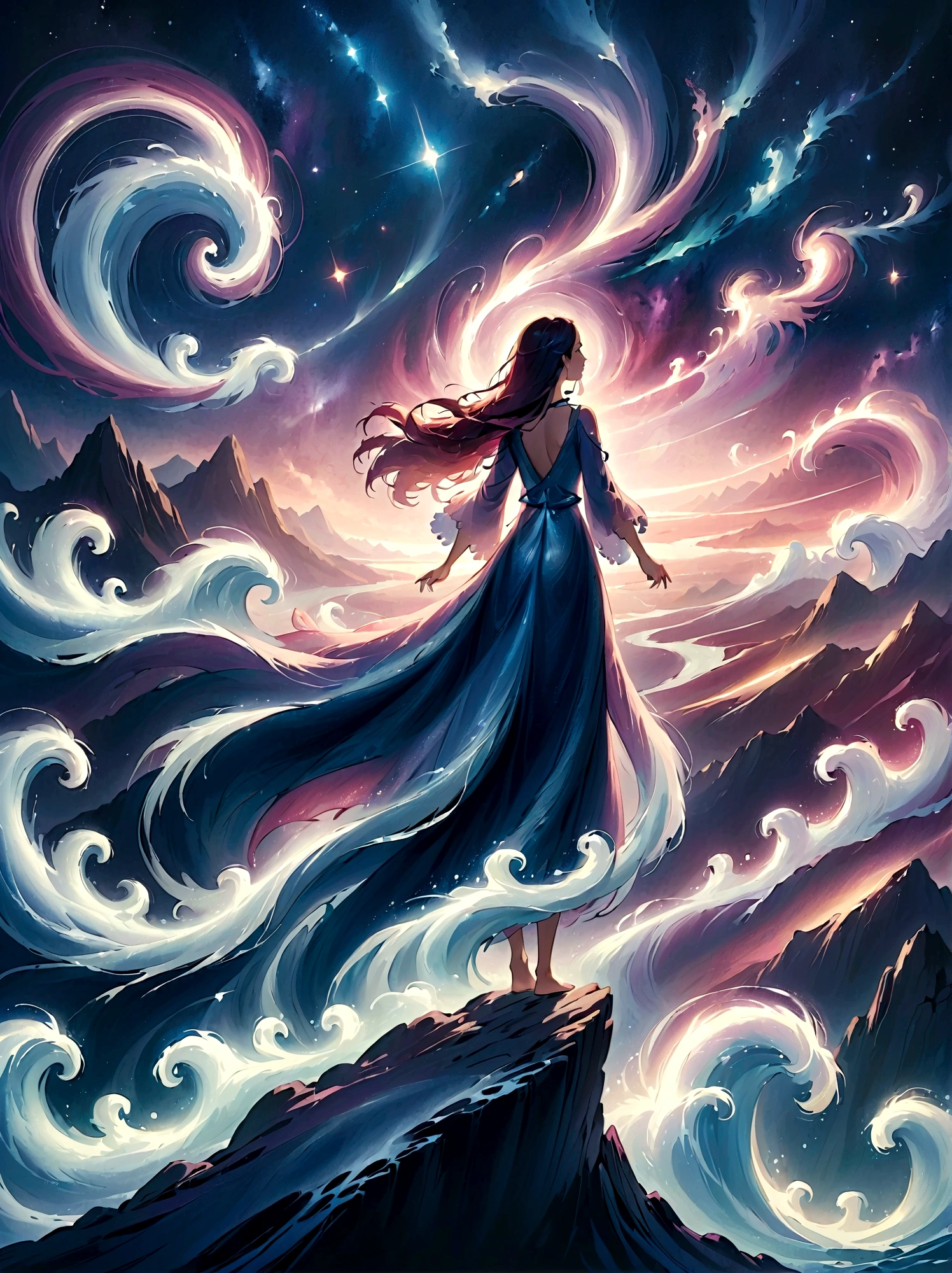 (Look from the back)，A man standing on a cliff，In a dreamy, hazy landscape，(Girl&#39;s perfect back)，(With your back to the audience)，Surrounded by a vortex of cosmic energy，The back of a person wrapped in a flowing robe，Blending with the celestial currents，The sky is a tapestry of deep purples and blues，Dotted with stars，The scenery below vaguely shows the rolling mountains，This scene is peaceful and sublime，Capturing the majestic nature of the universe，A pensive figure stands in awe