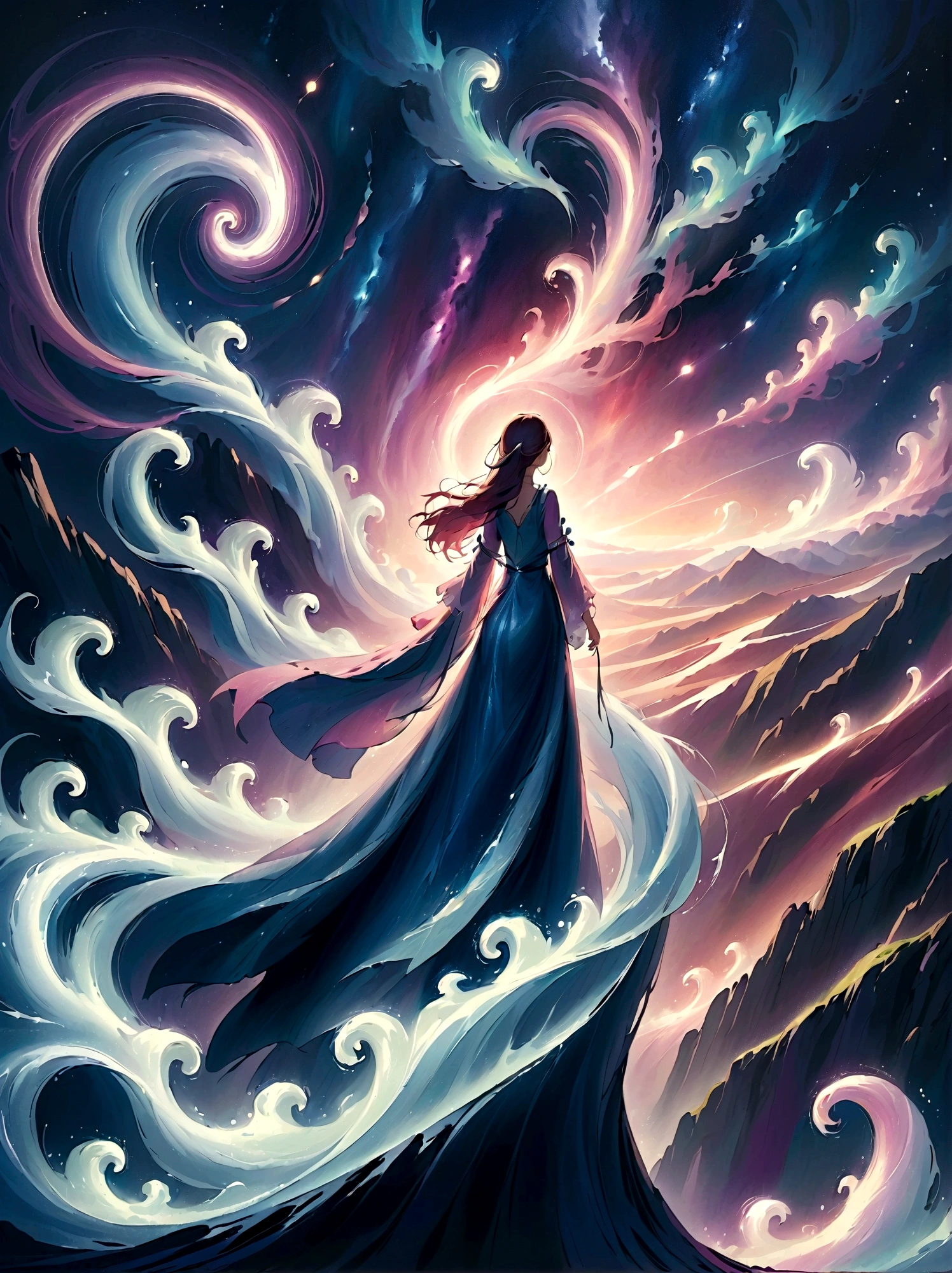 (從後面看)，一個人站在懸崖上，在梦幻般的, 朦朧的風景，(女孩&#39;完美的背部)，(背对观众)，被宇宙能量漩渦包圍，穿着飘逸长袍的人的背影，与天体气流融合，天空是深紫色和藍色的掛毯，點綴著星星，下面的景色隐约可见连绵起伏的山脉，這一幕是祥和莊嚴的，捕捉宇宙的壮丽本质，一个沉思的身影敬畏地站着