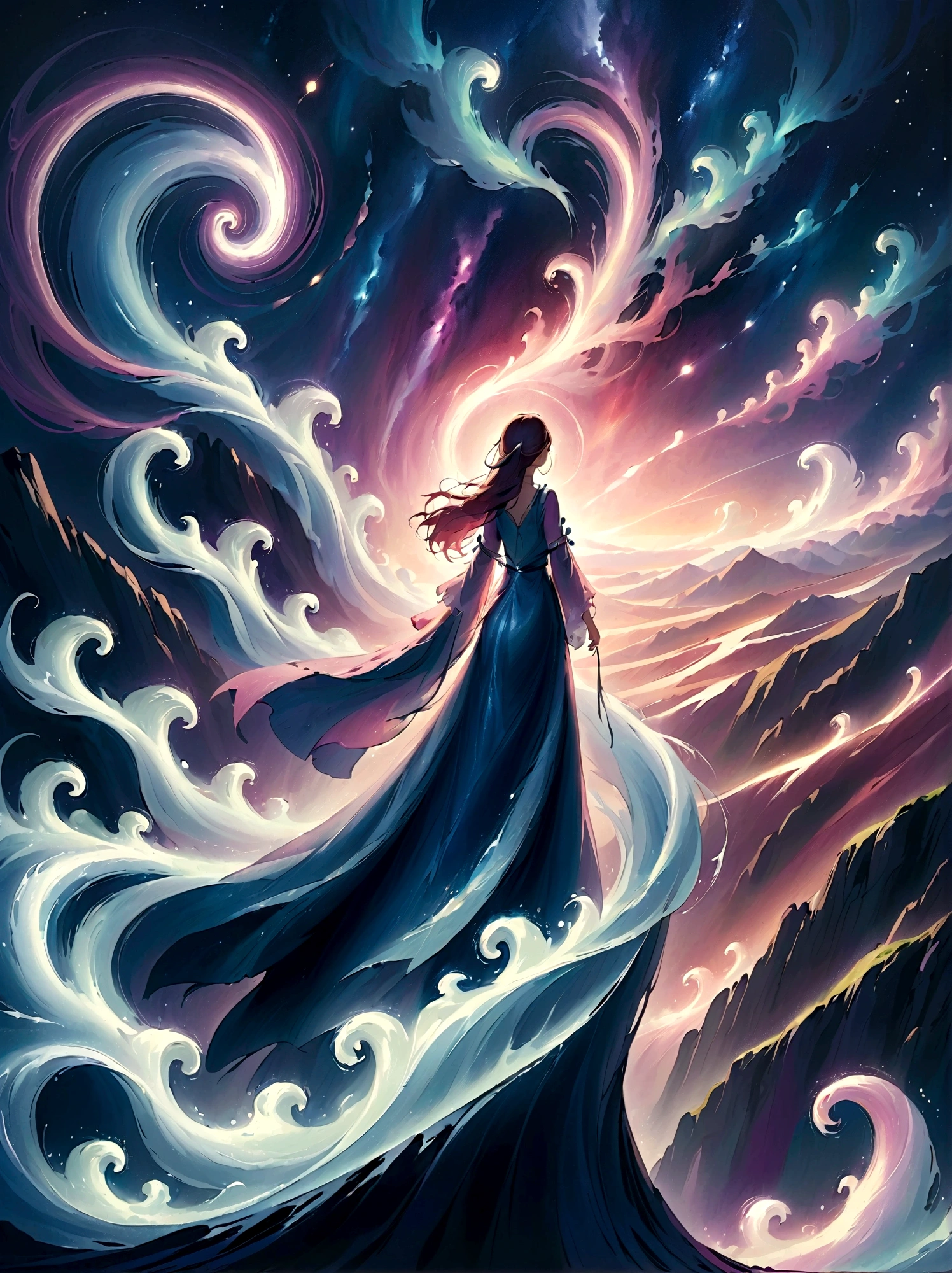 (Look from the back)，A man standing on a cliff，In a dreamy, hazy landscape，(Girl&#39;s perfect back)，(With your back to the audience)，Surrounded by a vortex of cosmic energy，The back of a person wrapped in a flowing robe，Blending with the celestial currents，The sky is a tapestry of deep purples and blues，Dotted with stars，The scenery below vaguely shows the rolling mountains，This scene is peaceful and sublime，Capturing the majestic nature of the universe，A pensive figure stands in awe