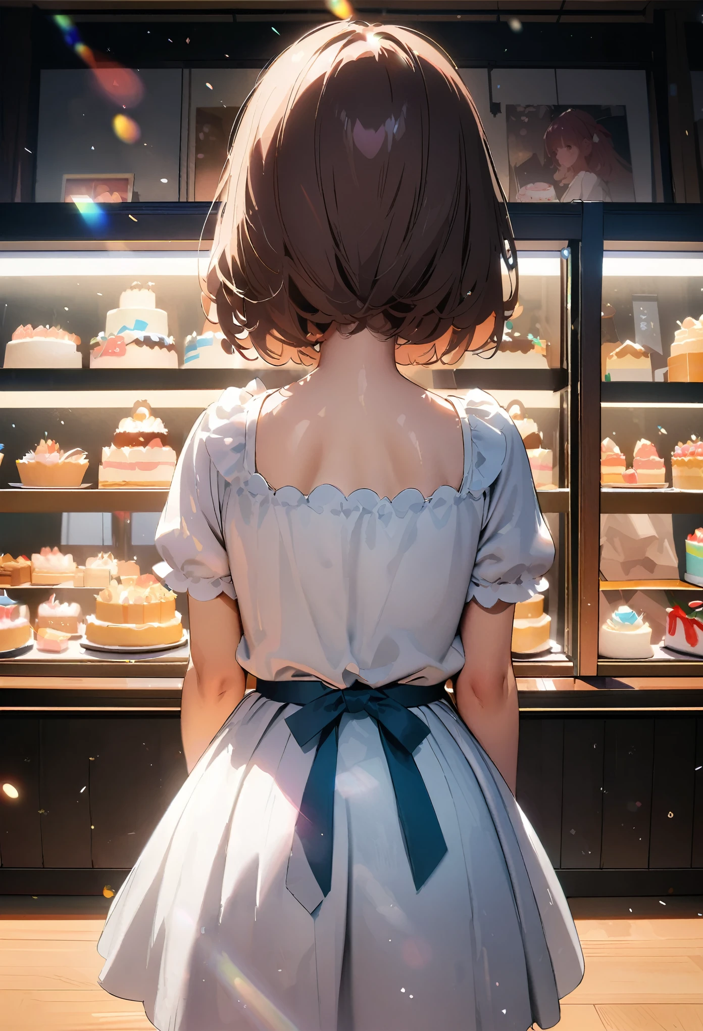 (la plus haute qualité:1.2, 4k, 8k, très détaillé, chef-d&#39;œuvre:1.2, la plus haute qualité), Fille regardant dans une vitrine, petite fille:1.2, vitrine de gâteaux, vue arrière, (((blouse blanche, jupe évasée, tu peux&#39;je ne vois pas la peau de ton dos:1.4))), (Coller au verre, Texture du verre, réflexion), regardant avec envie, Une illustration numérique, ambiance douce, L&#39;expression est délicate et belle, Art contemporain chaud,