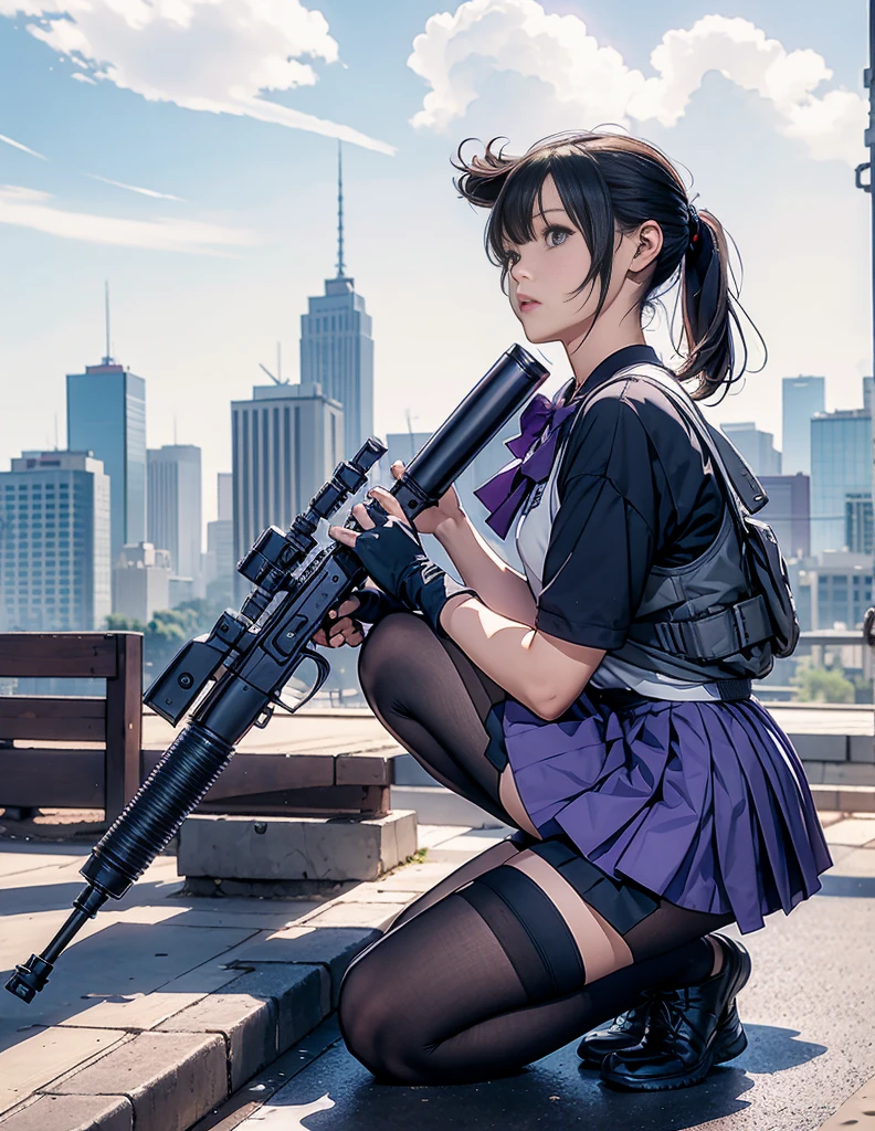 1girl, solo, short hair, skirt, shirt, gloves, white background, bow, holding, , purple eyes, white shirt, weapon, purple hair, pleated skirt, shoes, black gloves, socks, bowtie, holding weapon, gun, sneakers, holding gun, armband, rifle, grey skirt, headset, assault rifle, grey gloves, load bearing vest