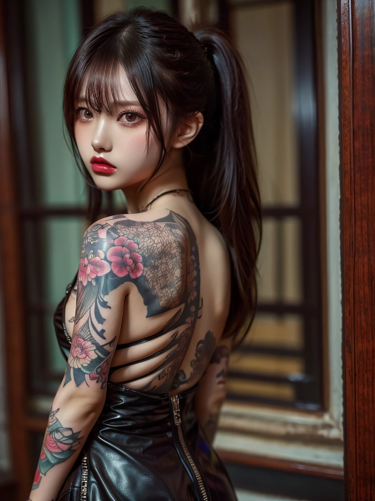 Tattoo Girl, so beautiful, Murderous, good looking, betrayal, anger, Dark Background, 8k, Dynamic Wallpapers, Very delicate, Very dark full body shot、