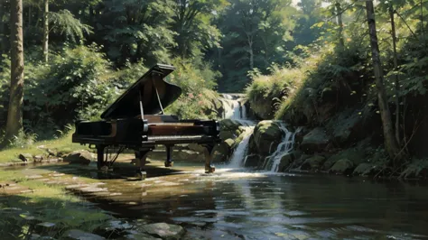 A grand piano on the bank near a stream flowing from a waterfall、White splashes are rising、In the forest of fresh greenery、A big...
