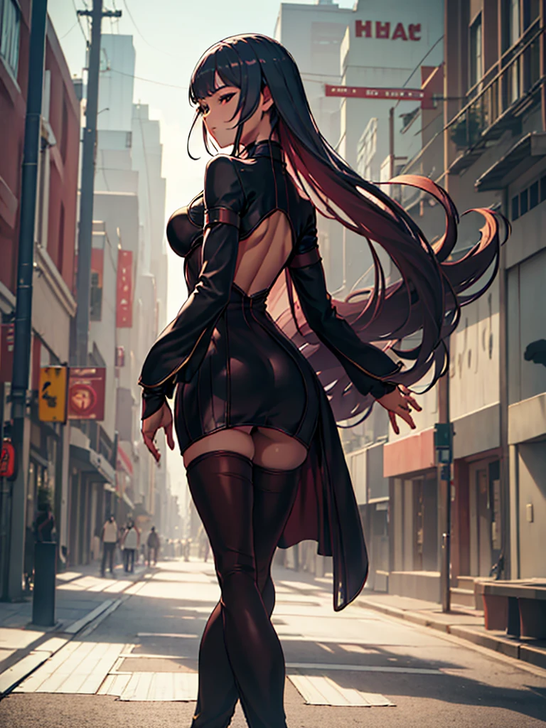 (​masterpiece、top-quality、hight resolution),  The focus is on the back of the prostitute leading the way, and her figure is the star of the show. She walks confidently forward, not looking back. The camera is from the perspective of a man walking behind her. A sexually attractive and seductive back view. nsfw