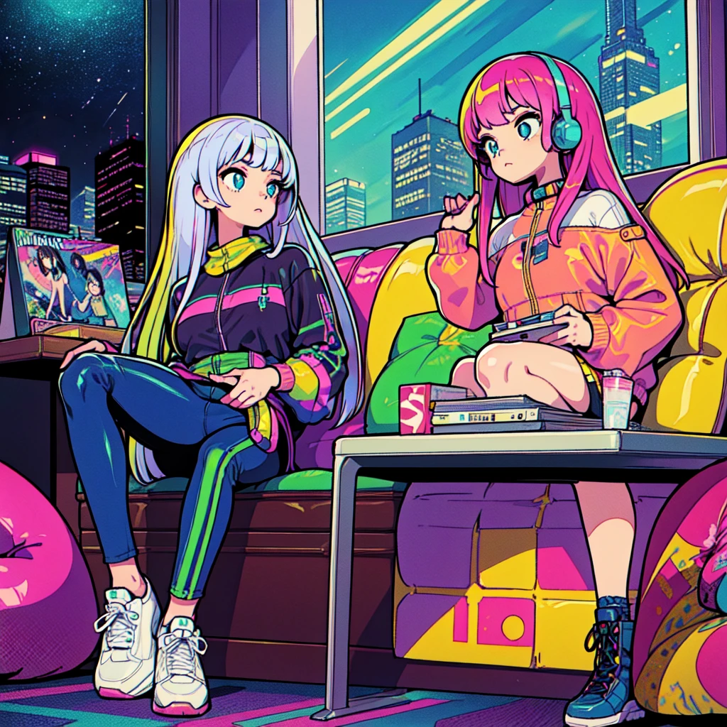 (masterpiece), highest quality, Expressive eyes, Neon pastel aesthetics, Retro 90s, Neon color,((Girl sitting on sofa,In a cozy room,Records hanging on her wall, Comic books on the floor, Looking out the window behind her at the night city, Upholstered room, Anime figures lined up on a shelf)), Wearing headphones, (All around her it sparkles), (wearing thick colorful sneakers), (blue eyes), (Soft look), (Synthwave Art Style), Colorful Hair, Desk with PC set up