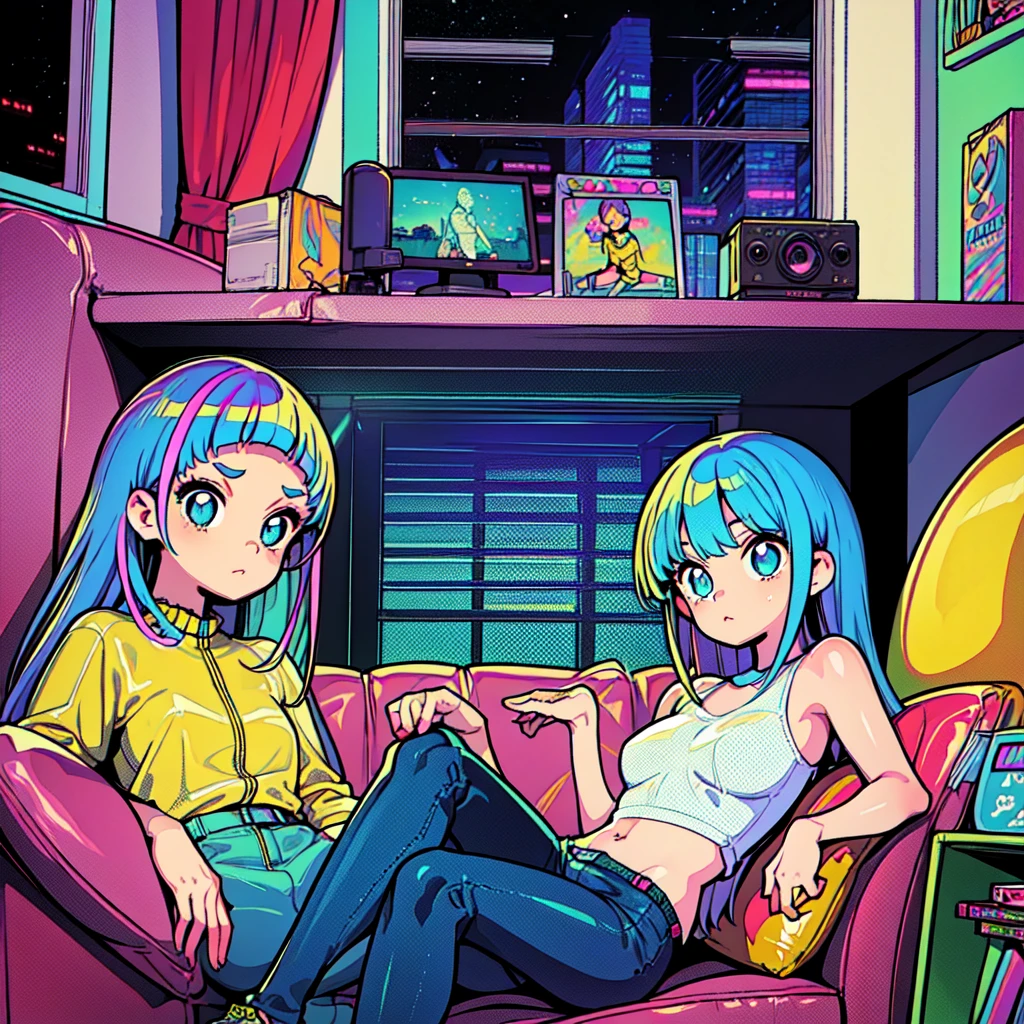 (masterpiece), highest quality, Expressive eyes, Neon pastel aesthetics, Retro 90s, Neon color,((Girl sitting on sofa,In a cozy room,Records hanging on her wall, Comic books on the floor, Looking out the window behind her at the night city, Upholstered room, Anime figures lined up on a shelf)), Wearing headphones, (All around her it sparkles), (wearing thick colorful sneakers), (blue eyes), (Soft look), (Synthwave Art Style), Colorful Hair, Desk with PC set up