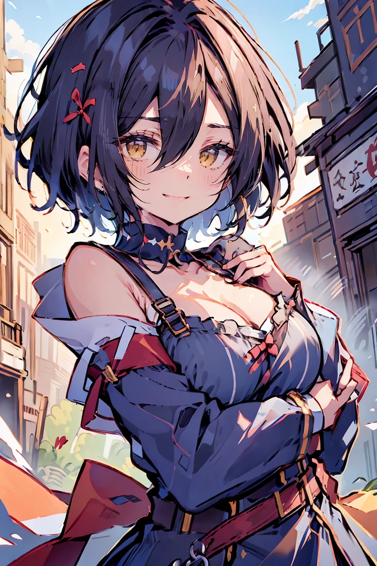 (masterpiece:1.2) hui xiyi, rekkyo sensen, rekkyou sensen, girls with((black hair, tits cleavage, waving is hands, breasts close up, suspenders, dress, blue clothes, belt, frills shirt, knit sweater, camisole, blue clothes, exposed breasts, straps, ribbon, upper body, long hair, one side up, nun, monk clothes, long sleeves, perfect hands, perfect fingers)), background with((fantasy world, ruin, castle, beautiful sky, shining sky, sunshine))