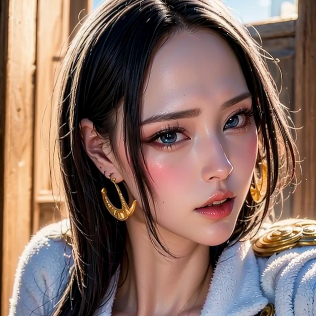(masterpiece), (highest quality), (Realistic), Nikon RAW Photos, Fujifilm XT3,  (detailed, A 21-year-old young female captain, Big eyes, snake gold earrings, avert your eyes), Sensual, (ultra detailed), 8k, 4K, Complex, upper_body, detailed_face, Best lighting, 屋outside, compensate, Bleach Background, Low rise,(masterpiece, highest quality:1.4), (face focus:1.5), outside, (Close to the sea), One girl, alone, Hancock 1, One girl, Boa Hancock, Big Breasts, Cleavage, Long Hair, Epaulettes, Cape, (white Cape:1), Crop top, Long sleeve, Side slits, (Young European Woman:1), View your viewers, Beautiful smile, beautiful face, highly detailed face, highly detailed eyes, subsurface scattering, Realistic pupils, full face blush, Fuller lips, detailed background, Depth of written boundary, Volumetric lighting, Sharp focus, Absurd, Realistic proportions, (Realistic, hyperRealistic:1.4), 16K HDR

