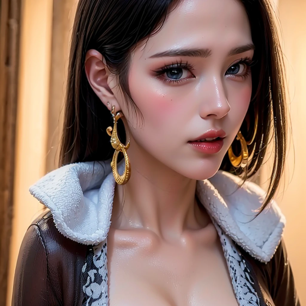 (masterpiece), (highest quality), (Realistic), Nikon RAW Photos, Fujifilm XT3,  (detailed, A 21-year-old young female captain, Big eyes, snake gold earrings, avert your eyes), Sensual, (ultra detailed), 8k, 4K, Complex, upper_body, detailed_face, Best lighting, 屋outside, compensate, Bleach Background, Low rise,(masterpiece, highest quality:1.4), (face focus:1.5), outside, (Close to the sea), One girl, alone, Hancock 1, One girl, Boa Hancock, Big Breasts, Cleavage, Long Hair, Epaulettes, Cape, (white Cape:1), Crop top, Long sleeve, Side slits, (Young European Woman:1), View your viewers, Beautiful smile, beautiful face, highly detailed face, highly detailed eyes, subsurface scattering, Realistic pupils, full face blush, Fuller lips, detailed background, Depth of written boundary, Volumetric lighting, Sharp focus, Absurd, Realistic proportions, (Realistic, hyperRealistic:1.4), 16K HDR

