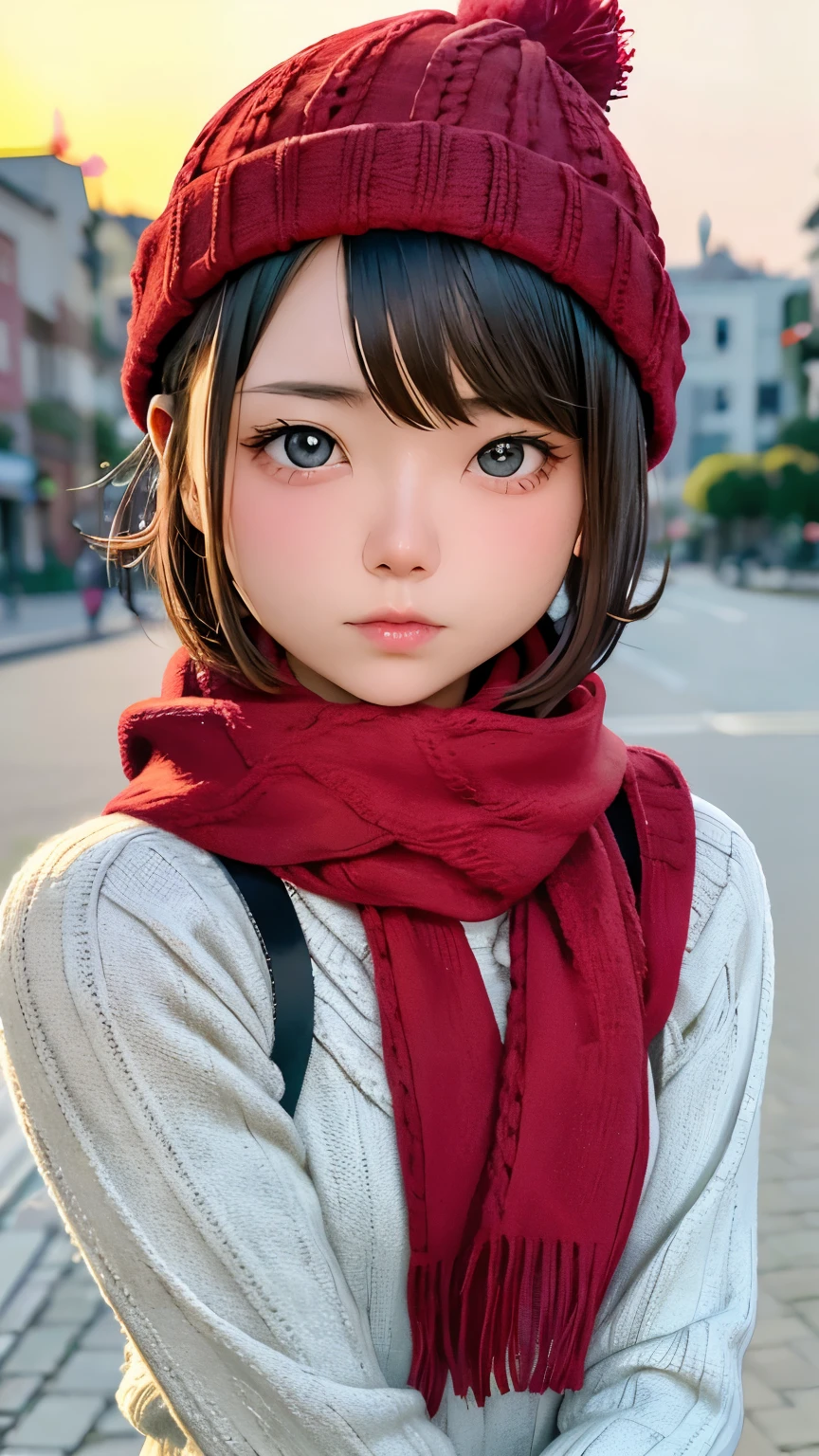 Tabletop:1.2, high quality, 最high quality, High resolution, surreal, With a girl, Short Bob，Dirty hair, Light grey eyes,Infinitely clear eyes，16 years old，High neck inner，Red knitted hat，scarf，Are standing，Tilt your head, sunset, Outdoor，Autumn park:1.5，Blurred Background, Portraiture,Natural look, (detailed face), ((Sharp focus)), ((face)), Upper body_body