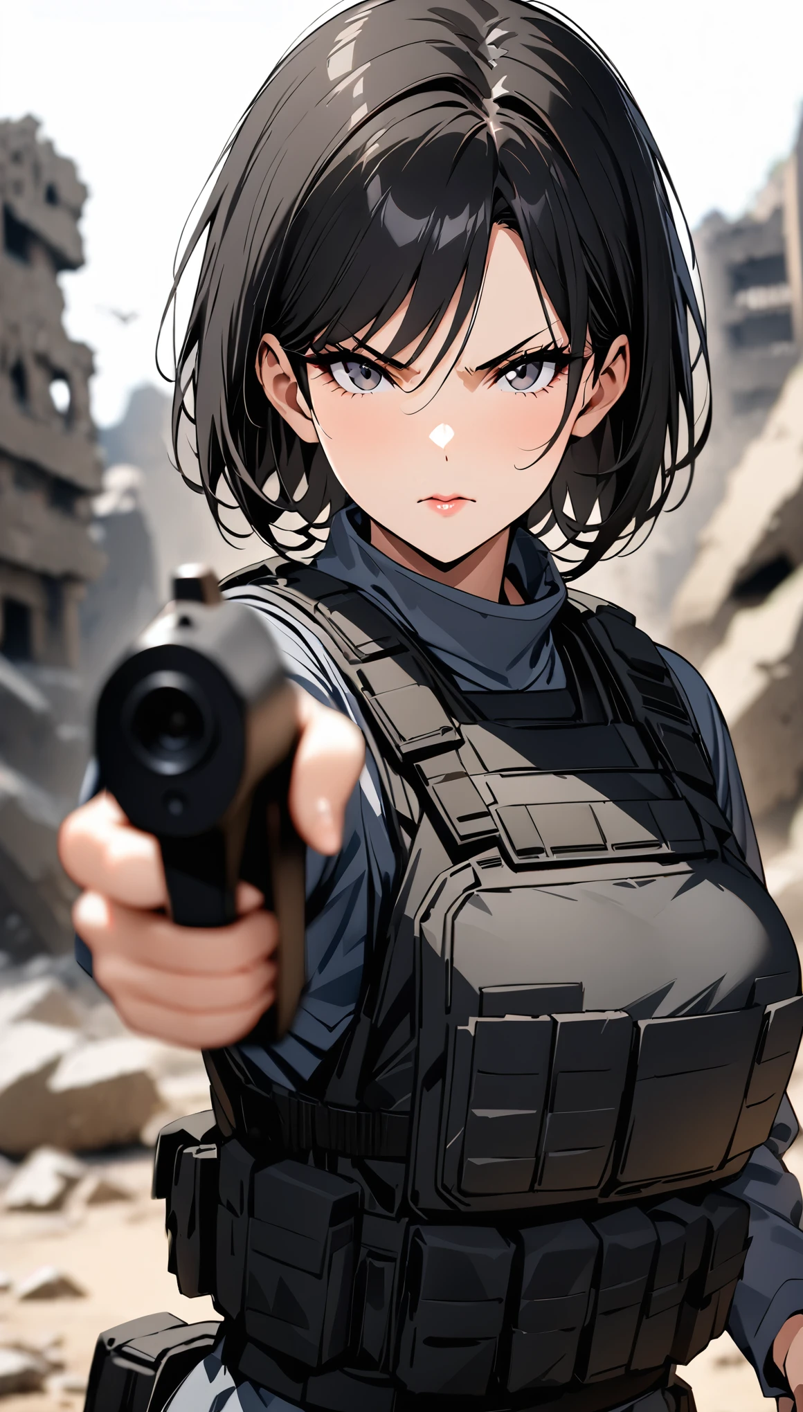 ((masterpiece)),((highest quality)),((High resolution)),((Very detailed)),One woman,48 years old,Mature Woman,Japanese,Black Hair,Short Bob,Beautiful Eyes,Long eyelashes,Beautiful Hair,Beautiful Skin,Serious,BREAK(((pointing pistol))),Handgun,SWAT Uniforms,black bulletproof vest, Combat Boots, Black Tactical Forster,Tactical Headset,((Dark ruins in the background)),(((Background Blur)))