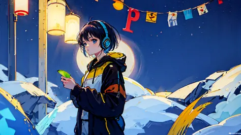 black short hair, night, black jacket, one woman, street, aquarium, penguin decorated headphones