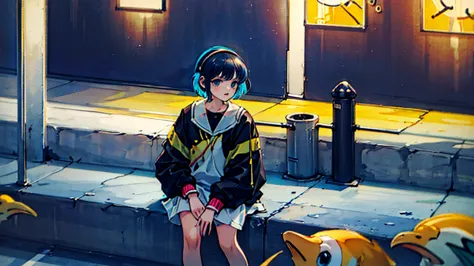 black short hair, night, black jacket, one woman, street, aquarium, penguin decorated headphones