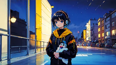 black short hair, night, black jacket, one woman, street, aquarium, penguin decorated headphones