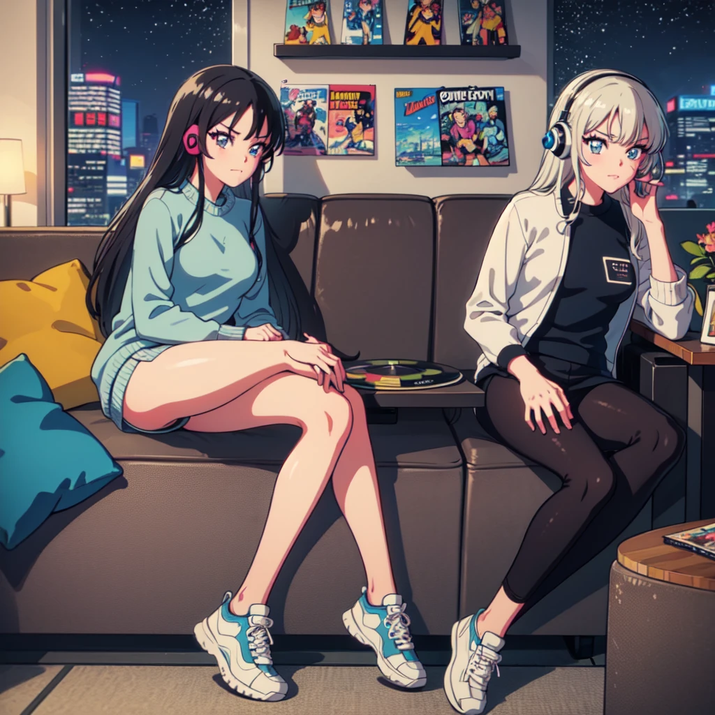 (masterpiece), highest quality, Expressive eyes, Neon pastel aesthetics, Retro 90s, Neon color,((Girl sitting on sofa,In a cozy room,Records hanging on her wall, Comic books on the floor, Looking out the window behind her at the night city, Upholstered room, Anime figures lined up on a shelf)), Wearing headphones, (All around her it sparkles), (wearing thick colorful sneakers), (blue eyes), (Soft look), (Synthwave Art Style), Colorful Hair, Desk with PC set up