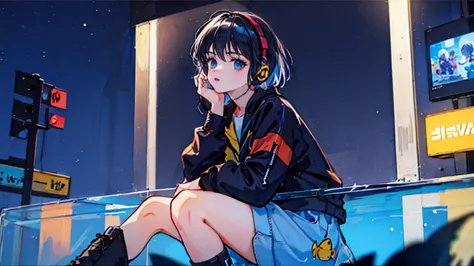 black short hair, night, black jacket, one woman, street, aquarium, headphones