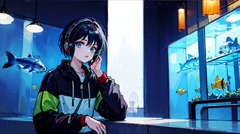 black short hair, night, black jacket, one woman, street, aquarium, headphones