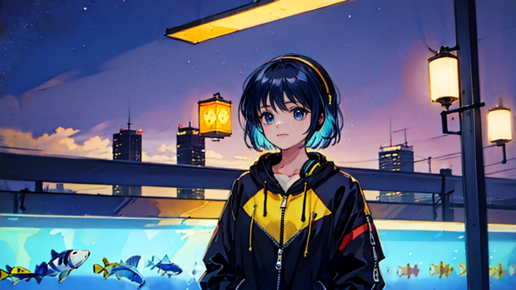 Black short Hair, night, black jacket, One Woman, street, aquarium, Headphones