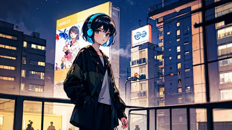 black short hair, night, black jacket, one woman, street, aquarium, headphones