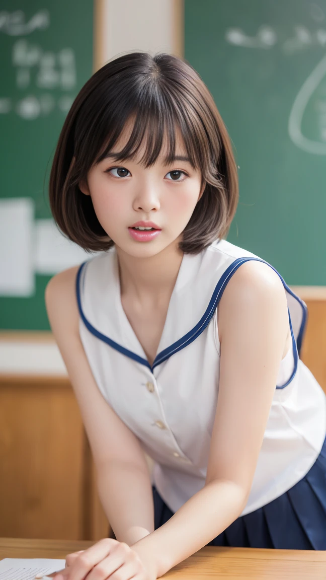 ( highest quality:1.4), Long bangs、(beautiful, beautiful, perfection, delicate, Complex:1.2), (Classroom Background, High Contrast), beautiful asian woman leaning forward on desk, Sailor suit, chestの谷間, short hair, ((big_chest:1.3)), Expressions of joy, full , Browsing Caution:0.1、((delicate Photos))，(Detailed RAW photos of girls), (highest quality:1.6), (超A high resolution:1.5), (Realistic:1.75), 8K resolution, Canon EOS R5, 50mm, Absurd, Super detailed,Cinema Lighting,(((Please open your mouth wide)))(((Please open your eyes a little)))、blush、((Mouth full of sperm))