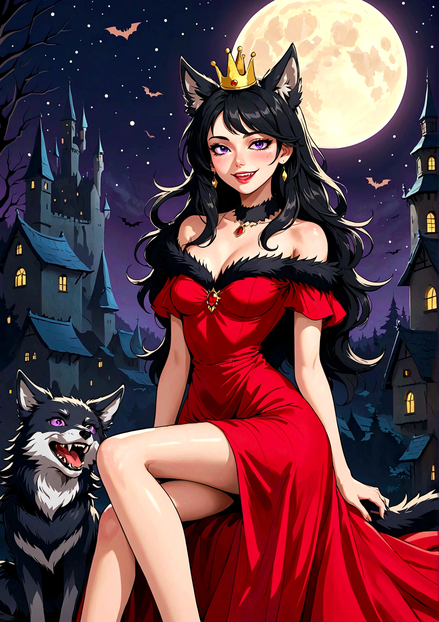 Vector，flat，Simple and smooth lines，A beautiful illustration：The big bad wolf and the beautiful girl are sitting elegantly，(((She has a beauty spot:1.37)))，Purple Eyes，Delicate lashes，laughing out loud，Fangs，Smooth skin，Long black hair，Wolf ears， Small Crown，Red dress with fur collar，Long legs。The docile wolf。Correct human anatomy，moonlight，bat