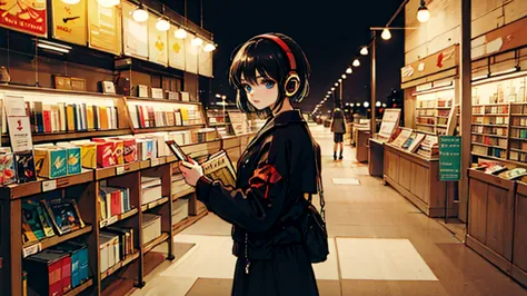 black short hair, night, black jacket, one woman, street, book store, headphones