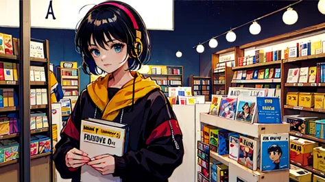 black short hair, night, black jacket, one woman, street, book store, headphones