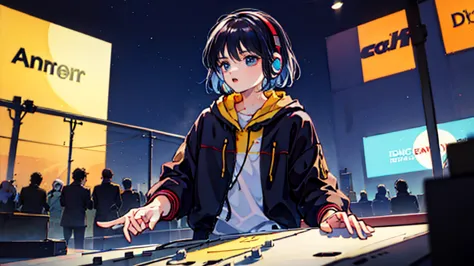 black short hair, night, black jacket, one woman, street, dj mixer, headphones