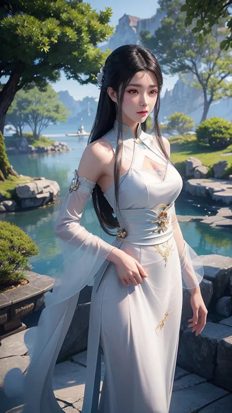 sexy asian woman in a white dress posing in front of a lake, beautiful alluring anime woman, seductive anime girl, guweiz, 2. 5 ...