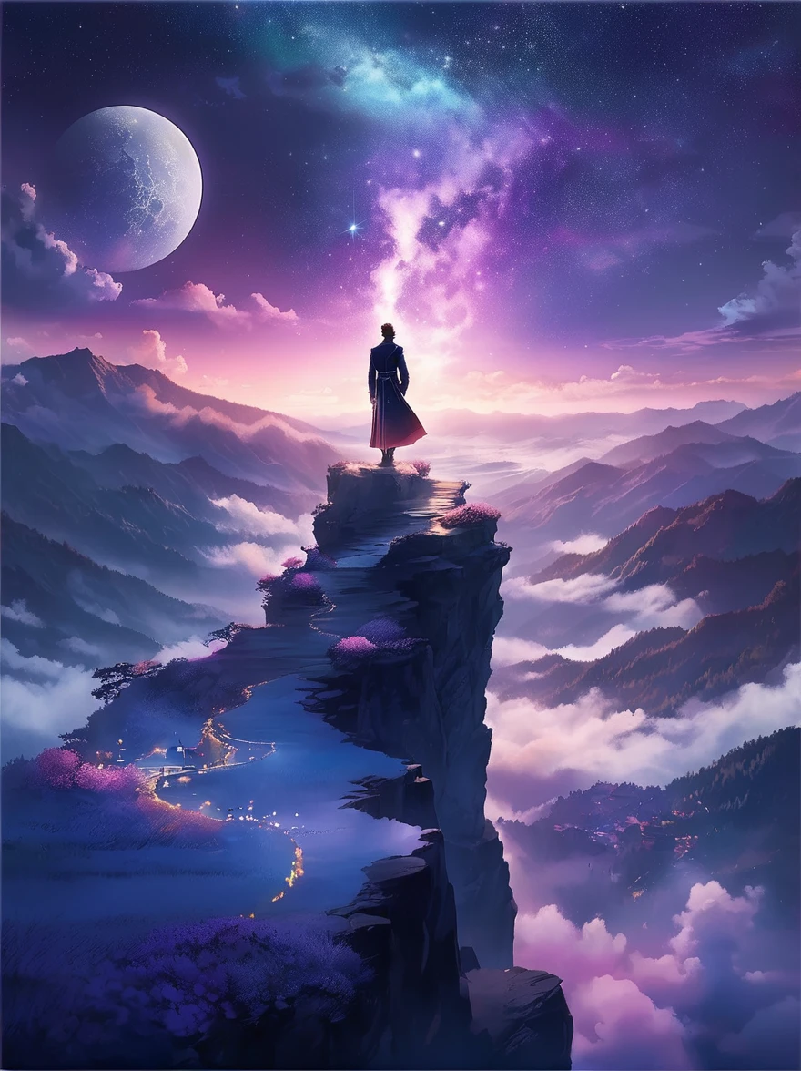 (Look from the back)，A man standing on a cliff，In a dreamy, hazy landscape，(Girl&#39;s perfect back)，(With your back to the audience)，Surrounded by a vortex of cosmic energy，The back of a person wrapped in a flowing robe，Blending with the celestial currents，The sky is a tapestry of deep purples and blues，Dotted with stars，The scenery below vaguely shows the rolling mountains，This scene is peaceful and sublime，Capturing the majestic nature of the universe，A pensive figure stands in awe