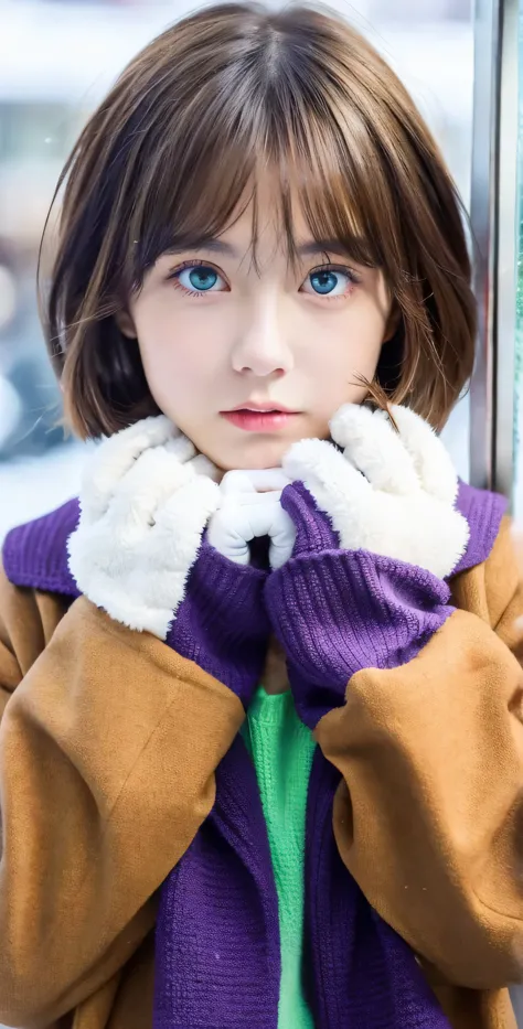 Girl, brown hair, bob haircut, with bangs, purple snow jacket with green sweater inside, hands crossed, slightly serious express...