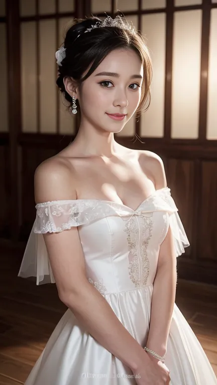 Young girl in wedding dress and updo, Off-shoulder neckline, and a long veil. her face is young and innocent, Looks like a . She...