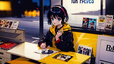 black short hair, night, black jacket, one woman, street, record shop, headphones